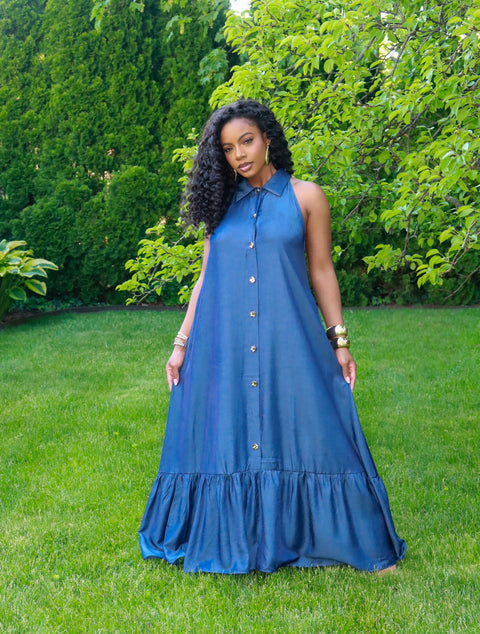 The Graceful Flow Maxi Dress(Denim Blue) - Fitz Clothing