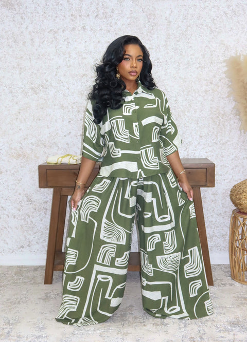 Artistic Flare Pants Set (Green)
