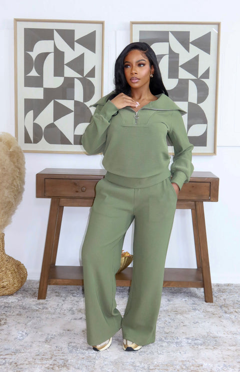 Zera High Neck Pants Set (Olive)