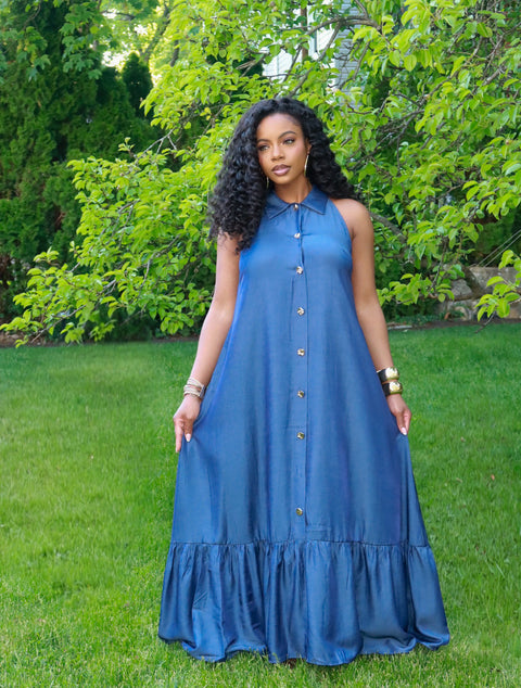 The Graceful Flow Maxi Dress(Denim Blue) - Fitz Clothing