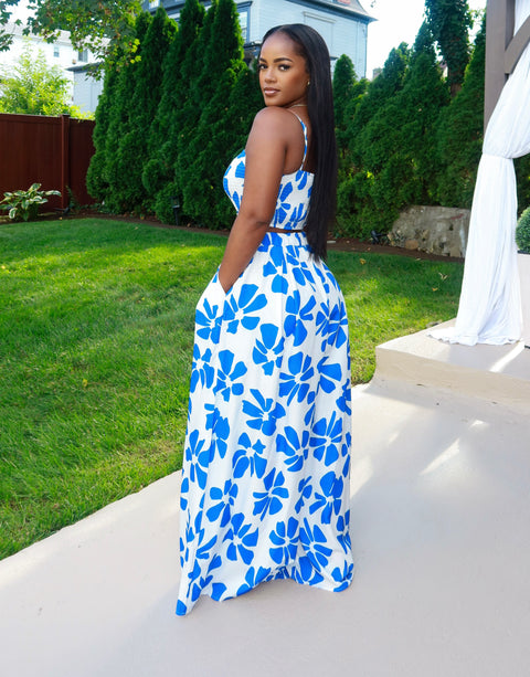 Moya Flower Print Pants Set (Blue)