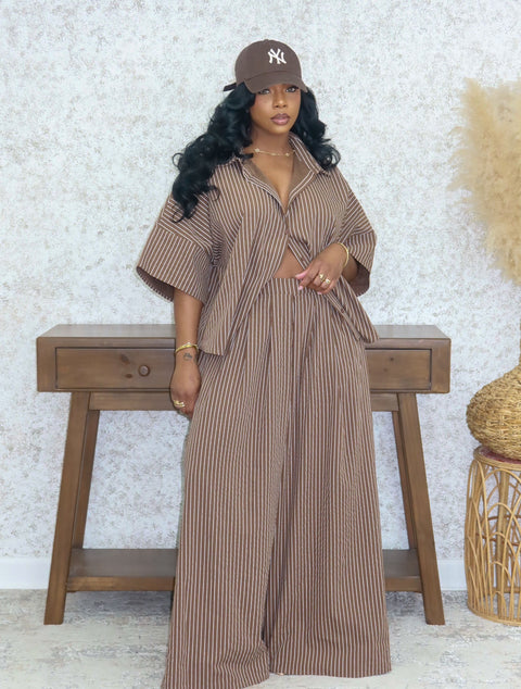 Polio Pinstripe Pants Set (Brown) - Fitz Clothing