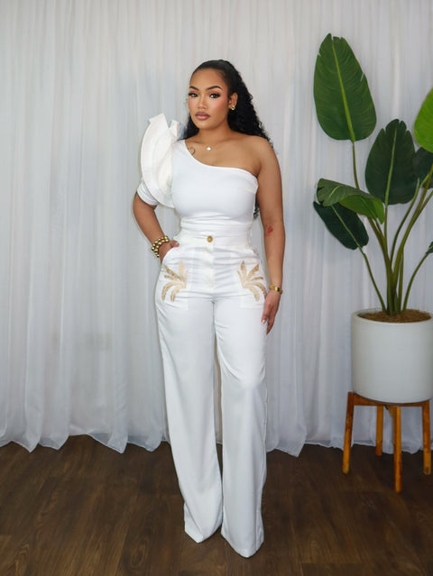 Trill Ruffle Shoulder Pants Set(White) - Fitz Clothing