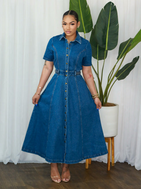 Golden Hour Denim Midi Dress (Blue)