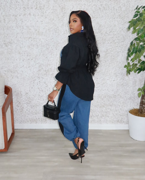 Brit Denim Pants Set (Blue/Black)