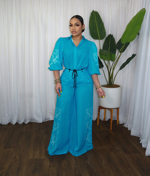 Bloom In Grace Pants Set (Blue) - Fitz Clothing