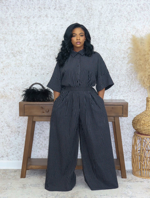 Polio Pinstripe Pants Set (Black) - Fitz Clothing