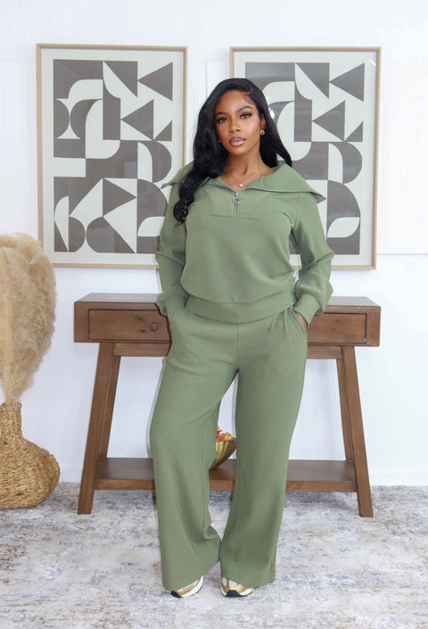 Zera High Neck Pants Set (Olive)