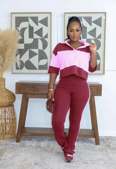 Fresh Energy Color Block Pants Set (Burgundy/Pink)