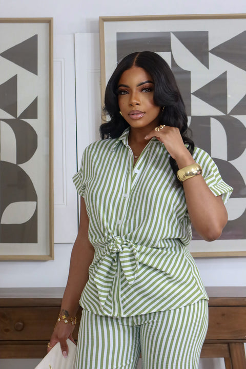 Priya Front Knot Tie Pants Set (Sage stripe) - Fitz Clothing