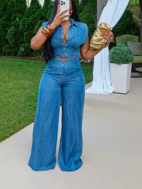 Debra Denim Pants Set(Blue) - Fitz Clothing