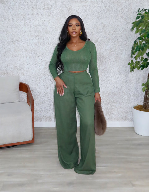 Glitzy Linen Pants Set (Olive)