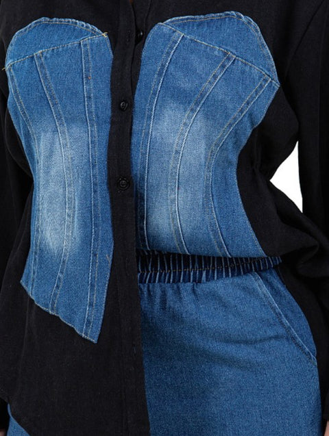 Brit Denim Pants Set (Blue/Black)