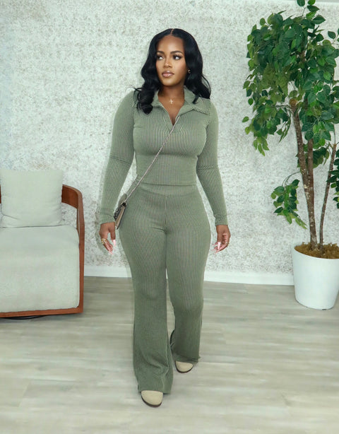 Trina Ripped Long Sleeve Set (Olive Green)