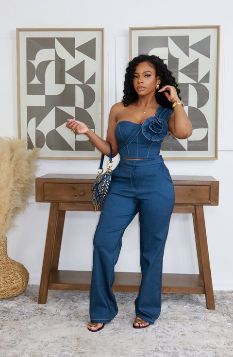Flower Bust Denim Pants Set - Fitz Clothing