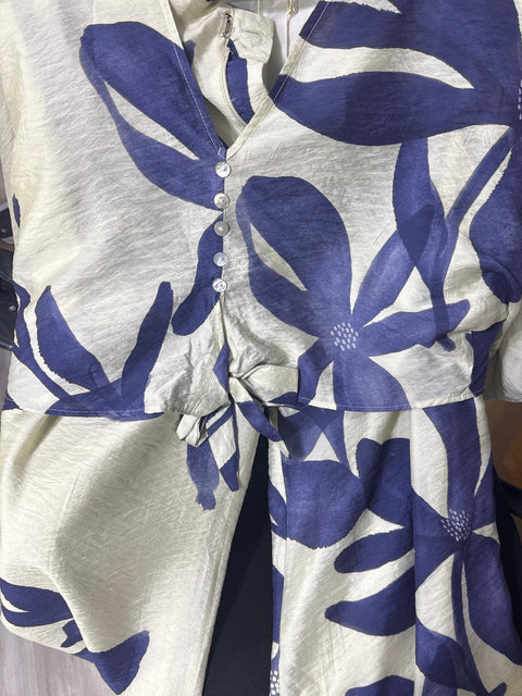 Navy Petal Pants Set (Blue/ Ivory)