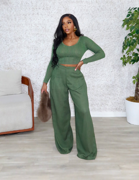 Glitzy Linen Pants Set (Olive)