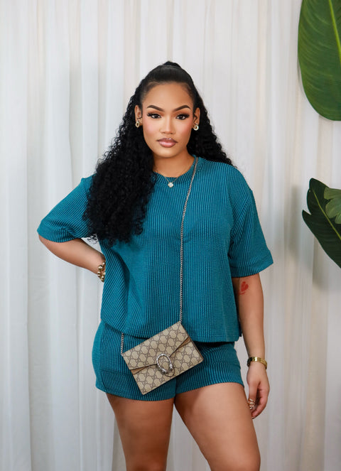 Tiara Ribbed Shorts Set(Teal) - Fitz Clothing