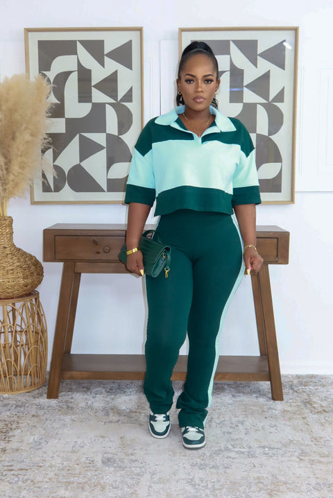 Fresh Energy Color Block Pants Set (Hunter Green/ BabyBlue)