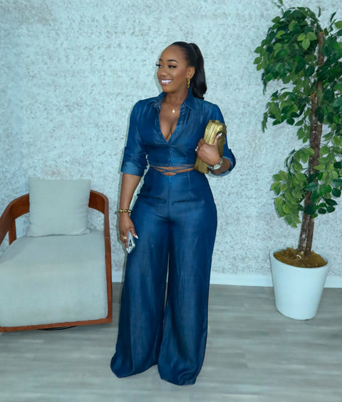 Athia Denim Pants Set(Dark Denim)