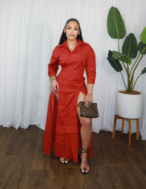 Que Double Slit Shirt Dress (Burgundy/Rust) - Fitz Clothing