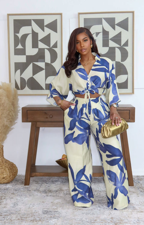 Navy Petal Pants Set (Blue/ Ivory)