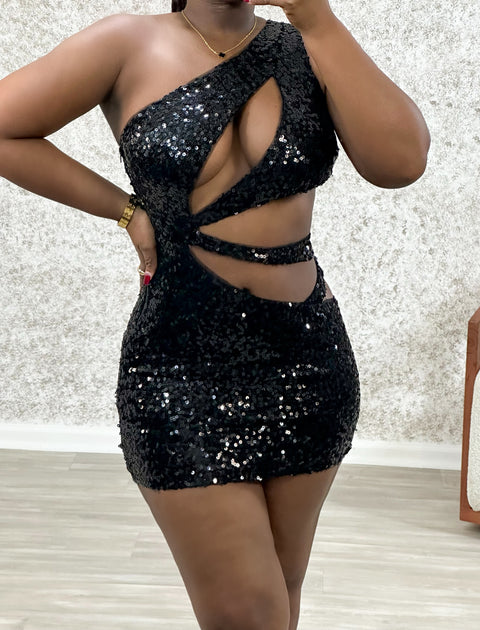 Cut Away Sequin Mini Dress (Black)