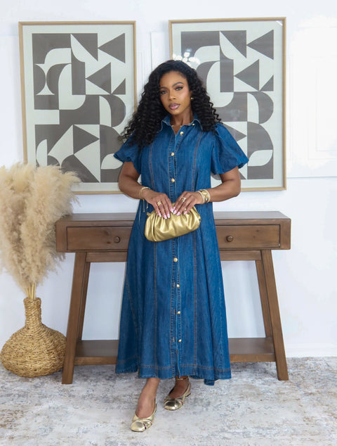 Carvel Bubble Sleeve Denim Maxi Dress - Fitz Clothing