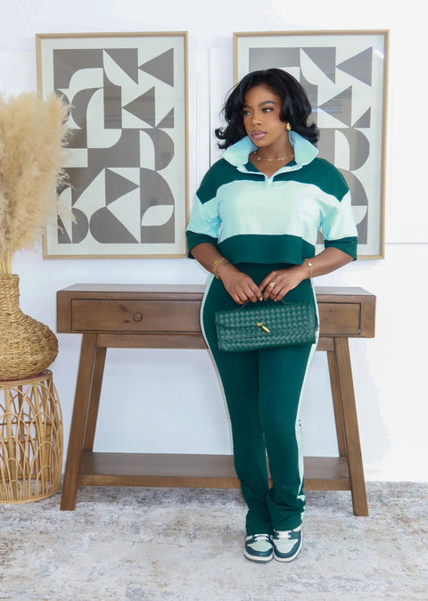 Fresh Energy Color Block Pants Set (Hunter Green/ BabyBlue)