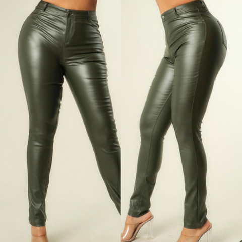 Giel High Waist Leather Pants (Olive Green)