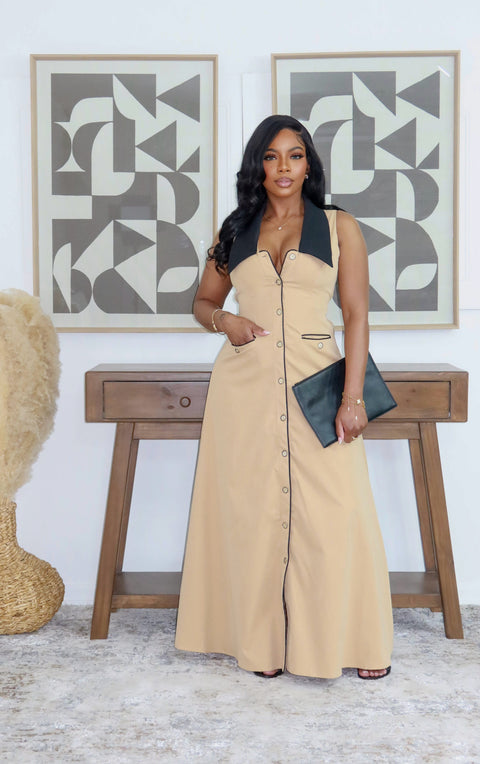 Tabia Maxi Dress (Taupe/Black)