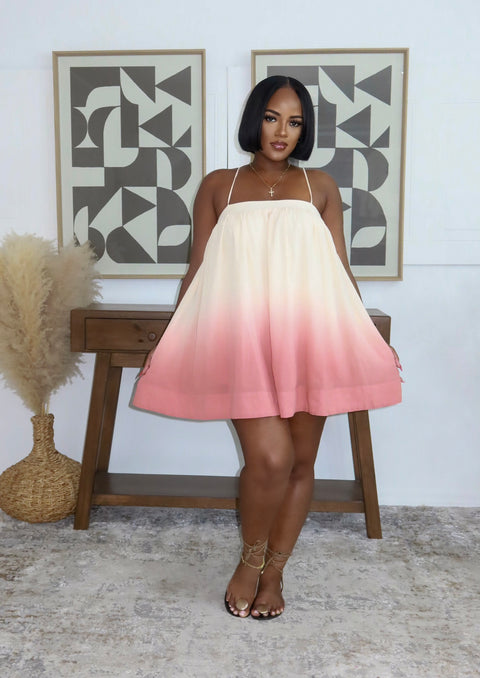 Coastal Breeze Ombré Mini Dress (Cream/Coral)