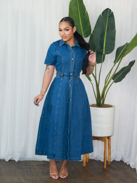 Golden Hour Denim Midi Dress (Blue)
