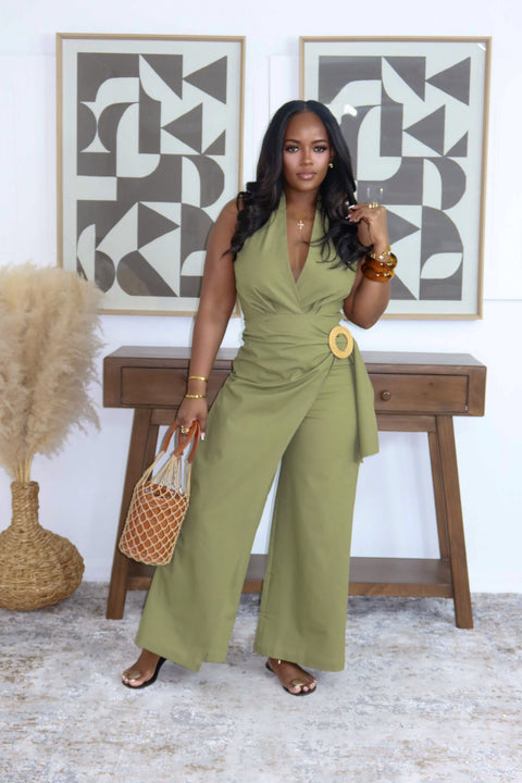 Halter Wrap Linen Jumpsuit (Olive) - Fitz Clothing