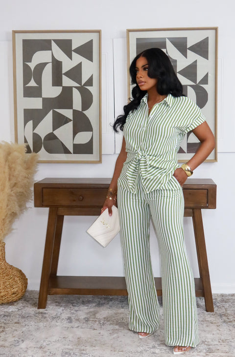 Priya Front Knot Tie Pants Set (Sage stripe) - Fitz Clothing