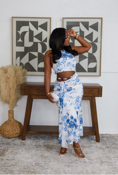 Sky Petals Midi Dress (Ivory/Blue) - Fitz Clothing