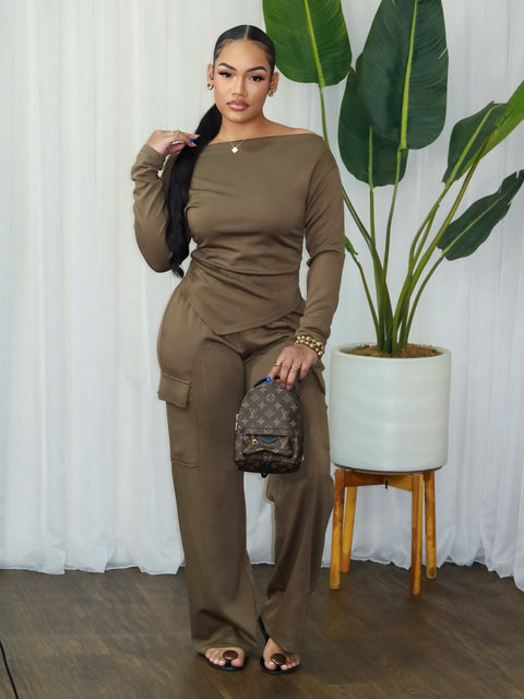 Boat Neckline Pants Set (Olive)