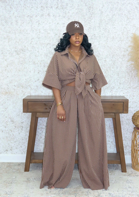 Polio Pinstripe Pants Set (Brown) - Fitz Clothing