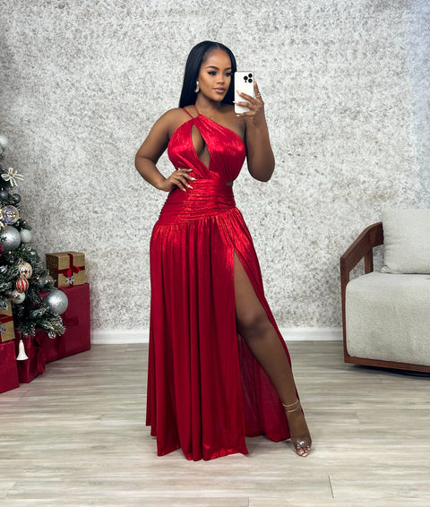 Moya High Split Metallic Gown (Red)