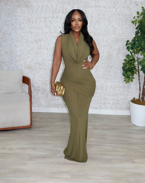 Serene Ruched Maxi Dress (Olive Green)